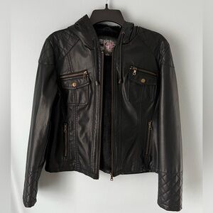 Krush Black Quilted Faux Leather Hooded Jacket, Large